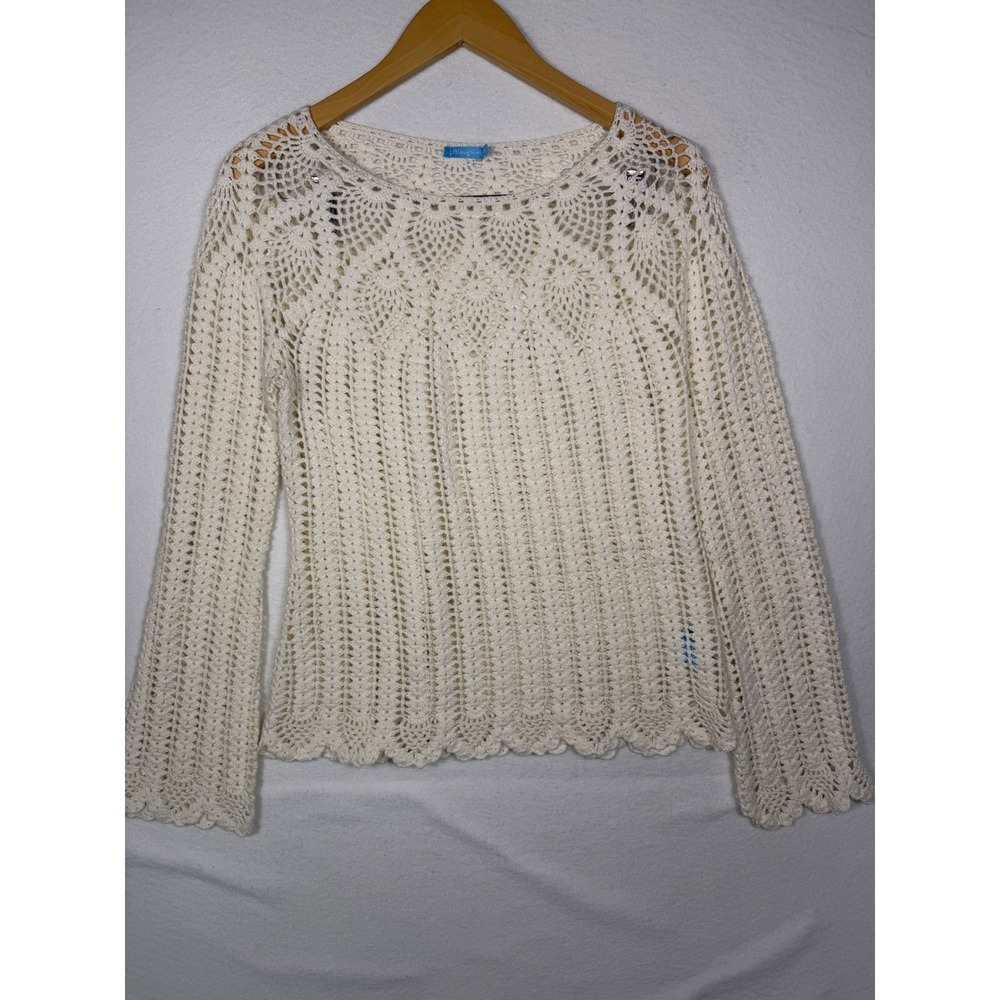 J.McLaughlin Crochet Knit Sweater Womens XS Cream‎ White Scalloped Open Weave